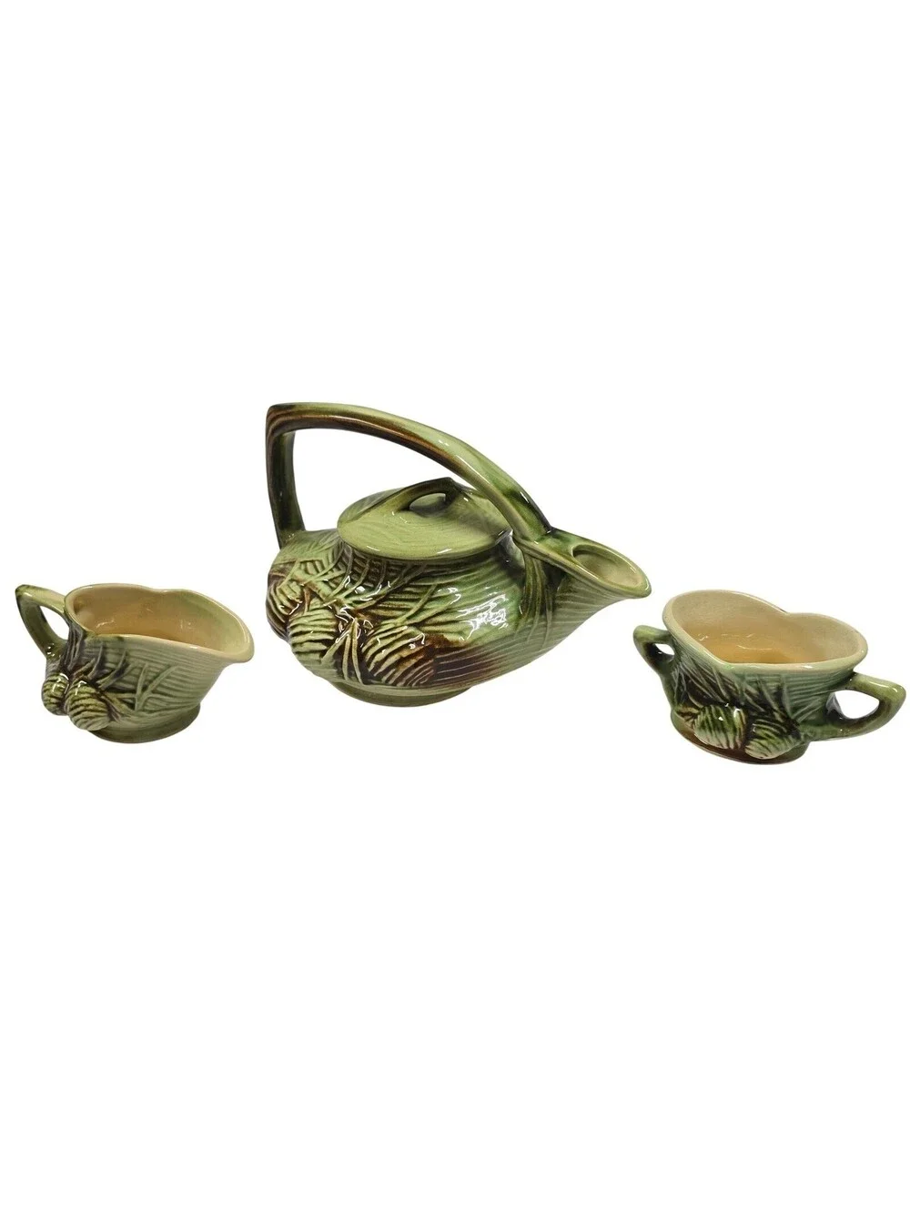 McCoy Pottery Pine Cone Tea Set: Teapot, Creamer, and Sugar Bowl Ex, Condition